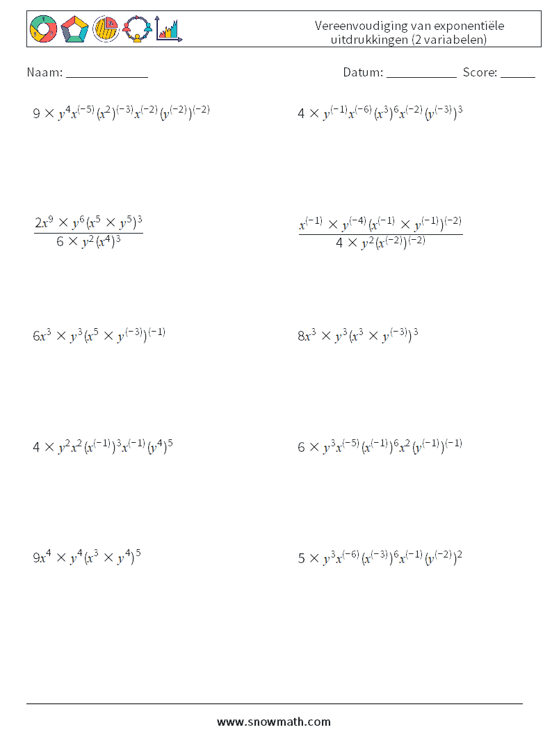 Vereenvoudiging van exponentiële uitdrukkingen (2 variabelen) Wiskundige werkbladen 2