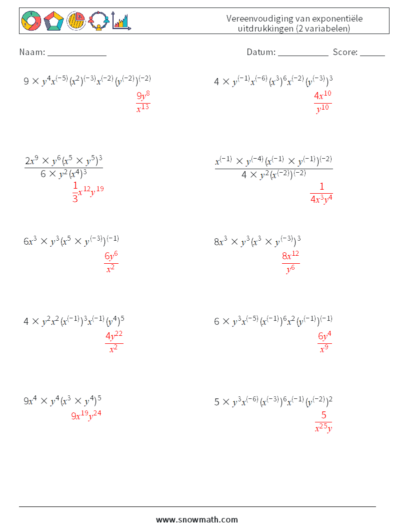  Vereenvoudiging van exponentiële uitdrukkingen (2 variabelen) Wiskundige werkbladen 2 Vraag, Antwoord