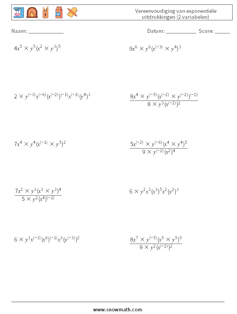  Vereenvoudiging van exponentiële uitdrukkingen (2 variabelen) Wiskundige werkbladen 3