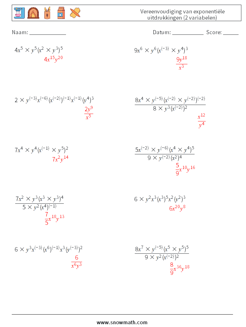  Vereenvoudiging van exponentiële uitdrukkingen (2 variabelen) Wiskundige werkbladen 3 Vraag, Antwoord