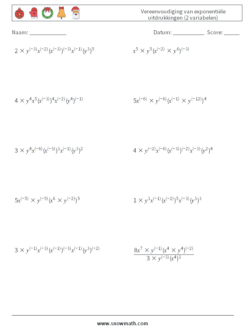  Vereenvoudiging van exponentiële uitdrukkingen (2 variabelen) Wiskundige werkbladen 4