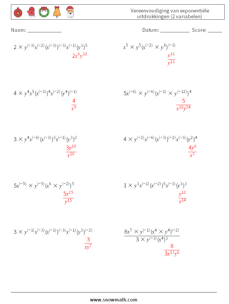  Vereenvoudiging van exponentiële uitdrukkingen (2 variabelen) Wiskundige werkbladen 4 Vraag, Antwoord