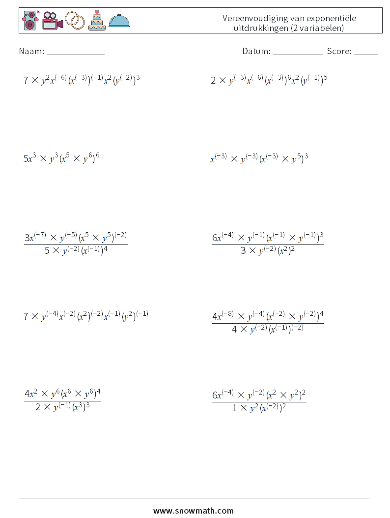  Vereenvoudiging van exponentiële uitdrukkingen (2 variabelen) Wiskundige werkbladen 5