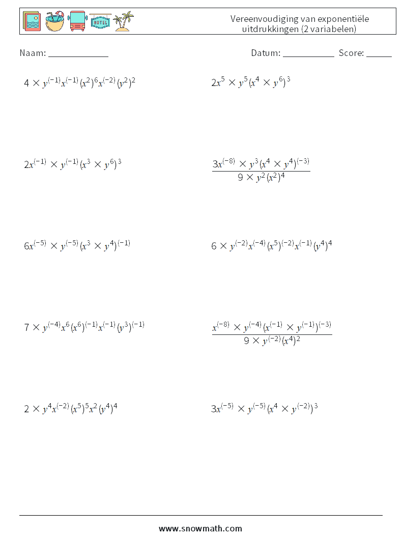  Vereenvoudiging van exponentiële uitdrukkingen (2 variabelen) Wiskundige werkbladen 7