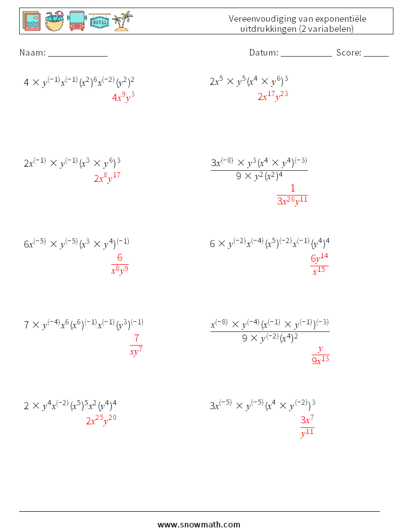  Vereenvoudiging van exponentiële uitdrukkingen (2 variabelen) Wiskundige werkbladen 7 Vraag, Antwoord