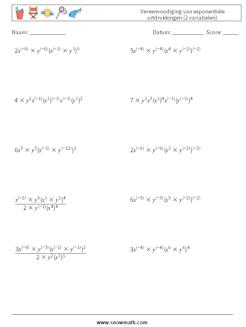  Vereenvoudiging van exponentiële uitdrukkingen (2 variabelen) Wiskundige werkbladen 8