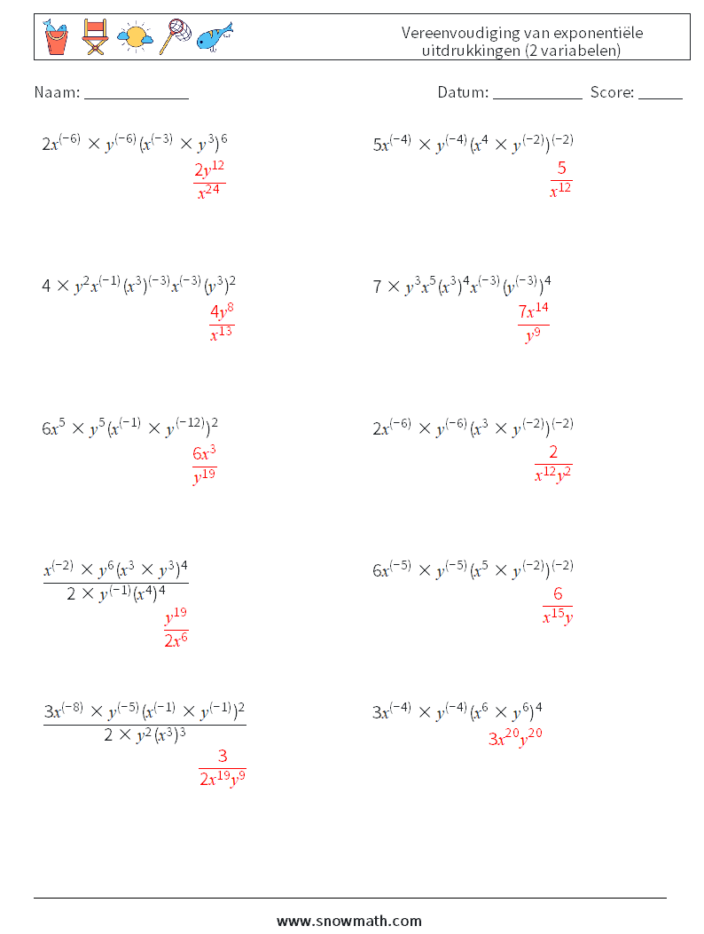  Vereenvoudiging van exponentiële uitdrukkingen (2 variabelen) Wiskundige werkbladen 8 Vraag, Antwoord