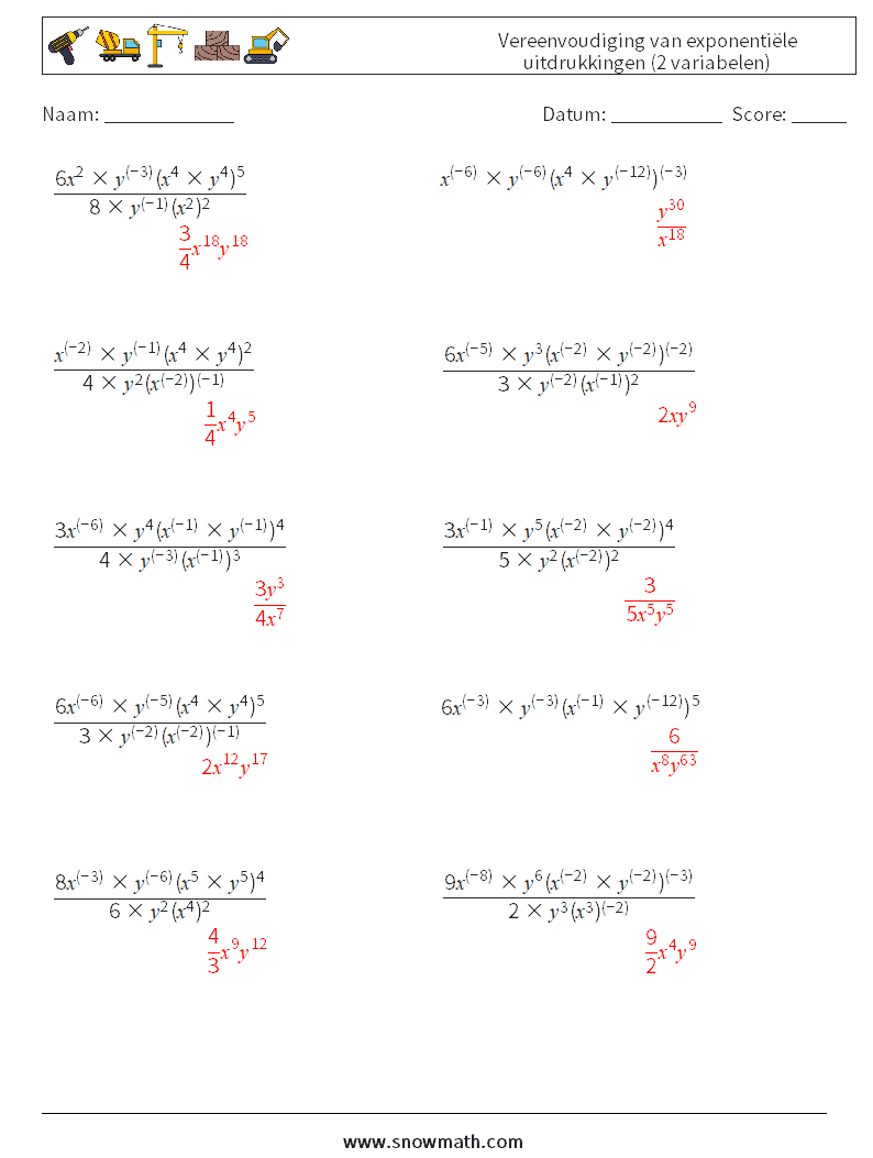  Vereenvoudiging van exponentiële uitdrukkingen (2 variabelen) Wiskundige werkbladen 9 Vraag, Antwoord