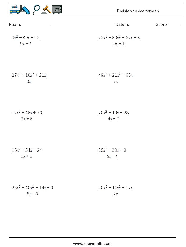 Divisie van veeltermen Wiskundige werkbladen 4