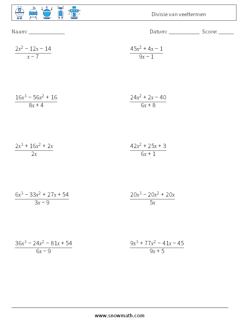 Divisie van veeltermen Wiskundige werkbladen 6