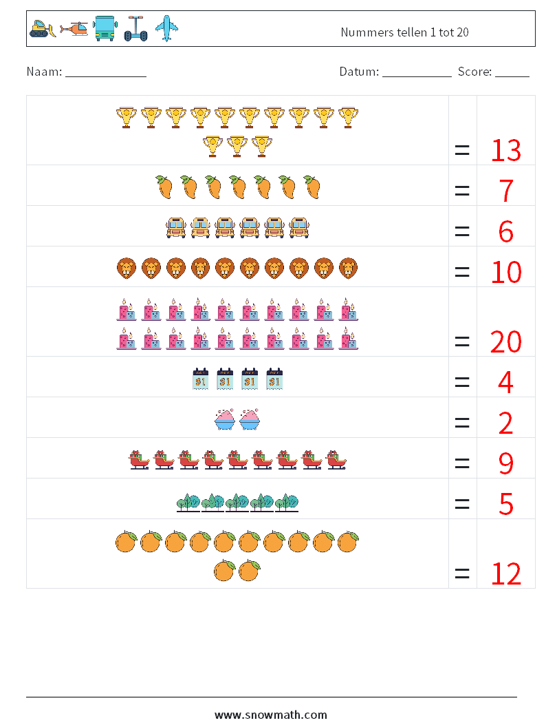 Nummers tellen 1 tot 20 Wiskundige werkbladen 14 Vraag, Antwoord