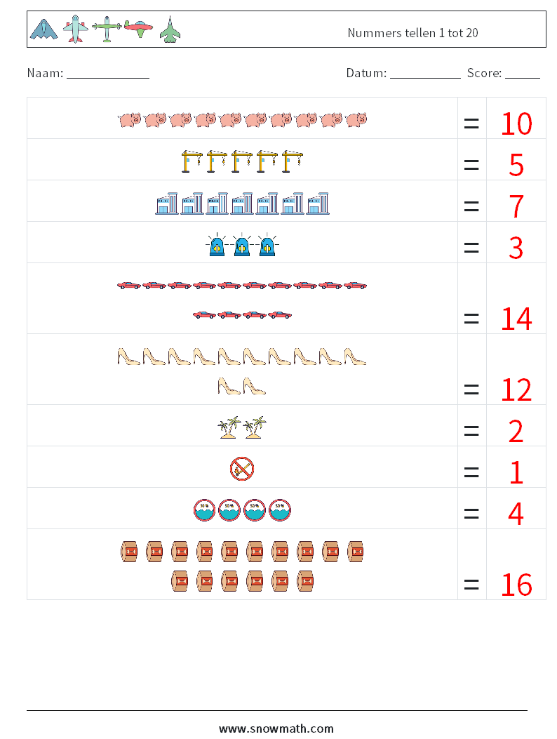 Nummers tellen 1 tot 20 Wiskundige werkbladen 15 Vraag, Antwoord