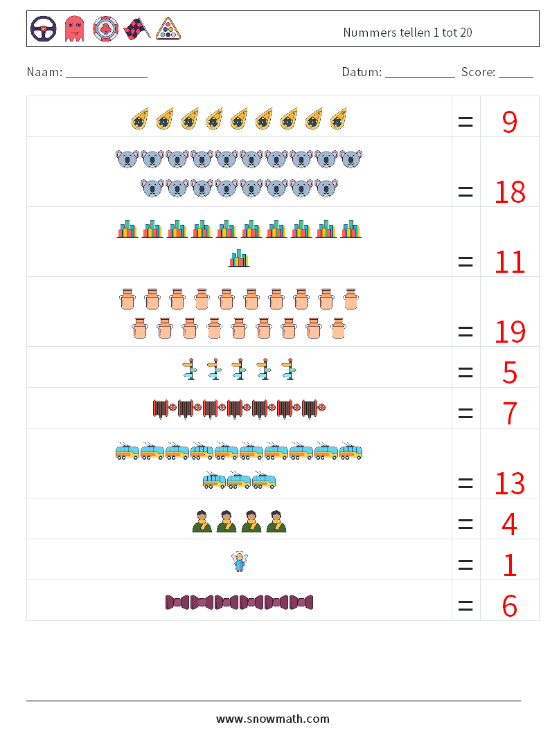 Nummers tellen 1 tot 20 Wiskundige werkbladen 18 Vraag, Antwoord