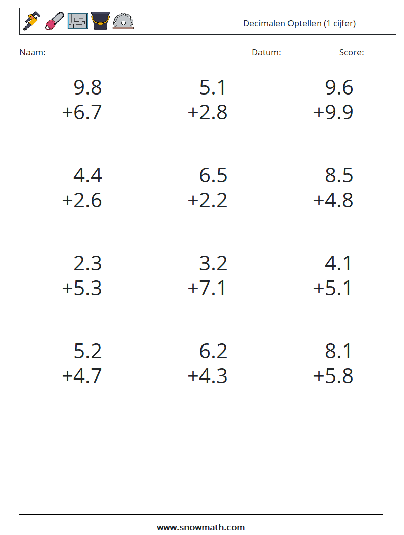 (12) Decimalen Optellen (1 cijfer) Wiskundige werkbladen 14
