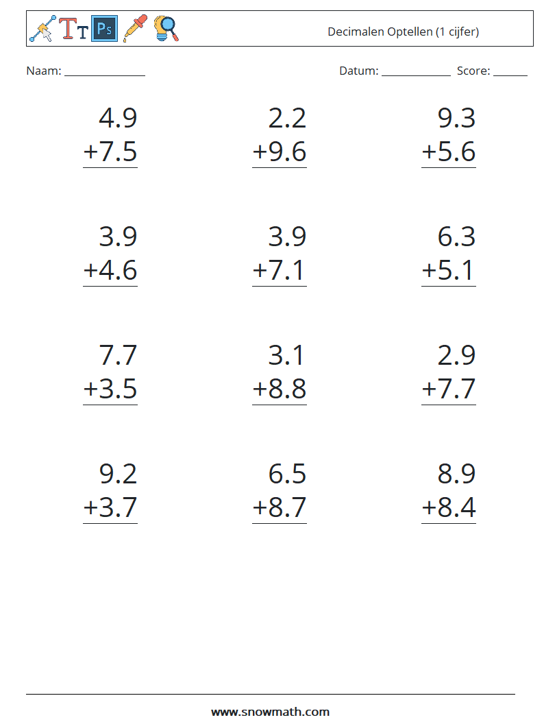 (12) Decimalen Optellen (1 cijfer) Wiskundige werkbladen 18