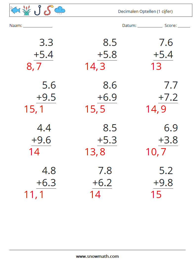 (12) Decimalen Optellen (1 cijfer) Wiskundige werkbladen 2 Vraag, Antwoord