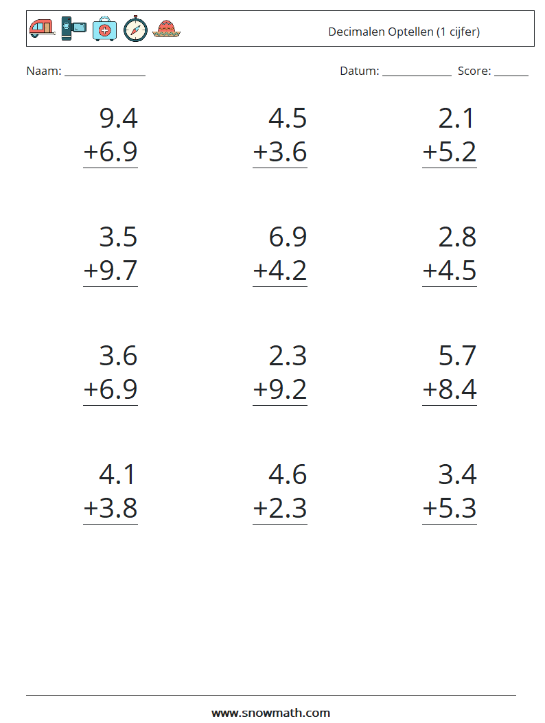 (12) Decimalen Optellen (1 cijfer) Wiskundige werkbladen 4
