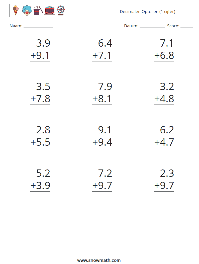 (12) Decimalen Optellen (1 cijfer) Wiskundige werkbladen 9