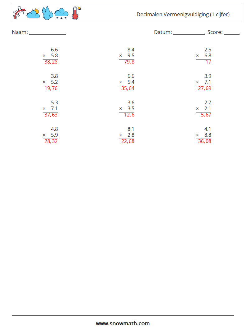 (12) Decimalen Vermenigvuldiging (1 cijfer) Wiskundige werkbladen 3 Vraag, Antwoord