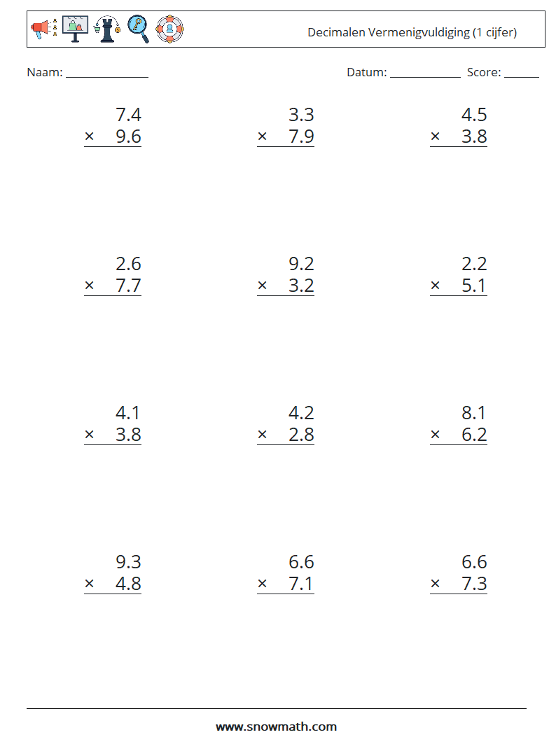 (12) Decimalen Vermenigvuldiging (1 cijfer) Wiskundige werkbladen 4