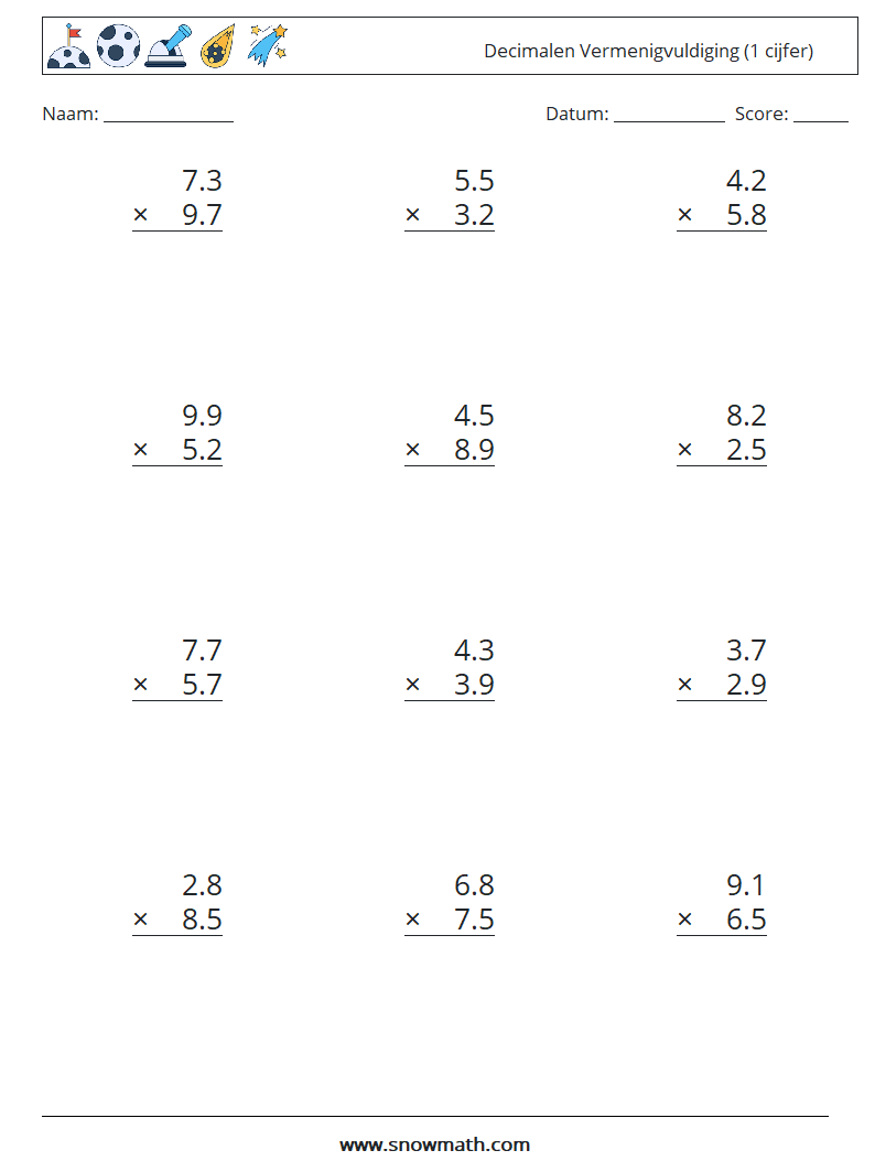 (12) Decimalen Vermenigvuldiging (1 cijfer) Wiskundige werkbladen 5