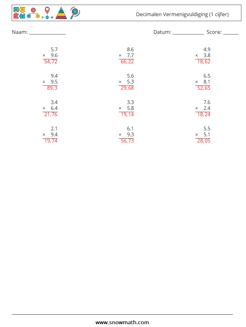 (12) Decimalen Vermenigvuldiging (1 cijfer) Wiskundige werkbladen 6 Vraag, Antwoord