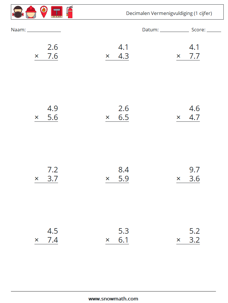 (12) Decimalen Vermenigvuldiging (1 cijfer) Wiskundige werkbladen 7