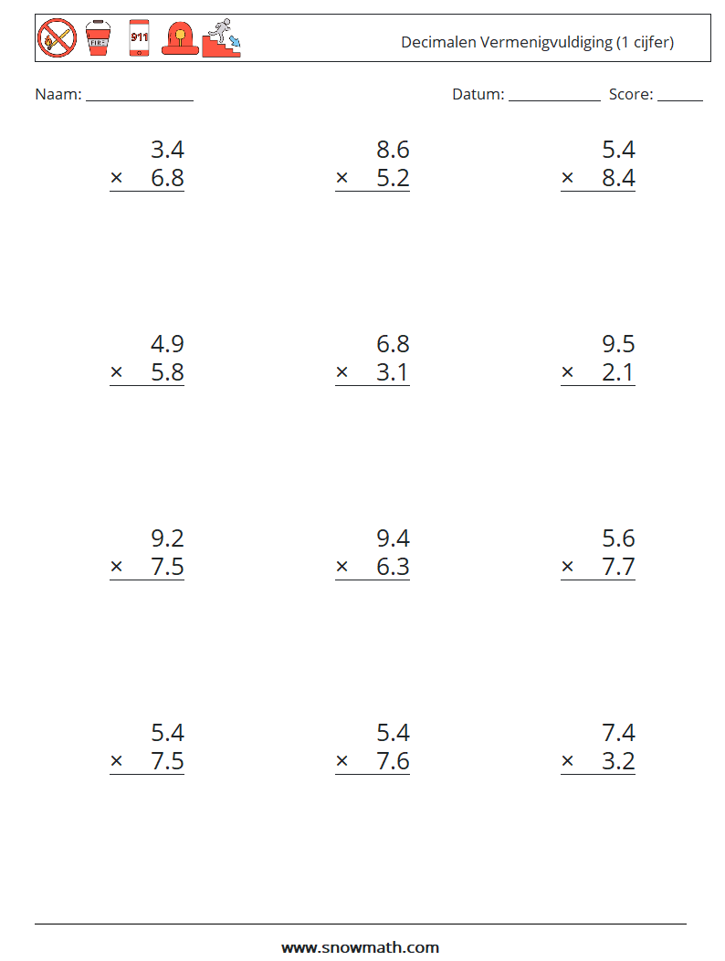 (12) Decimalen Vermenigvuldiging (1 cijfer) Wiskundige werkbladen 8