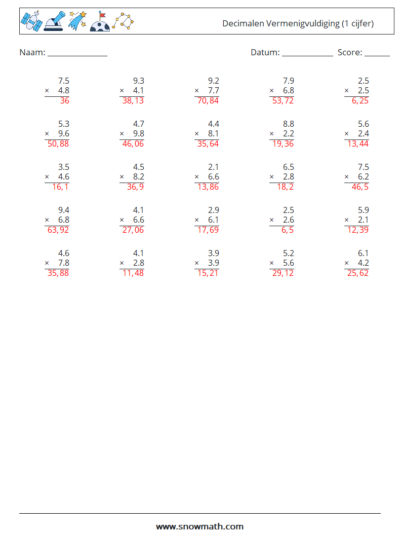 (25) Decimalen Vermenigvuldiging (1 cijfer) Wiskundige werkbladen 10 Vraag, Antwoord