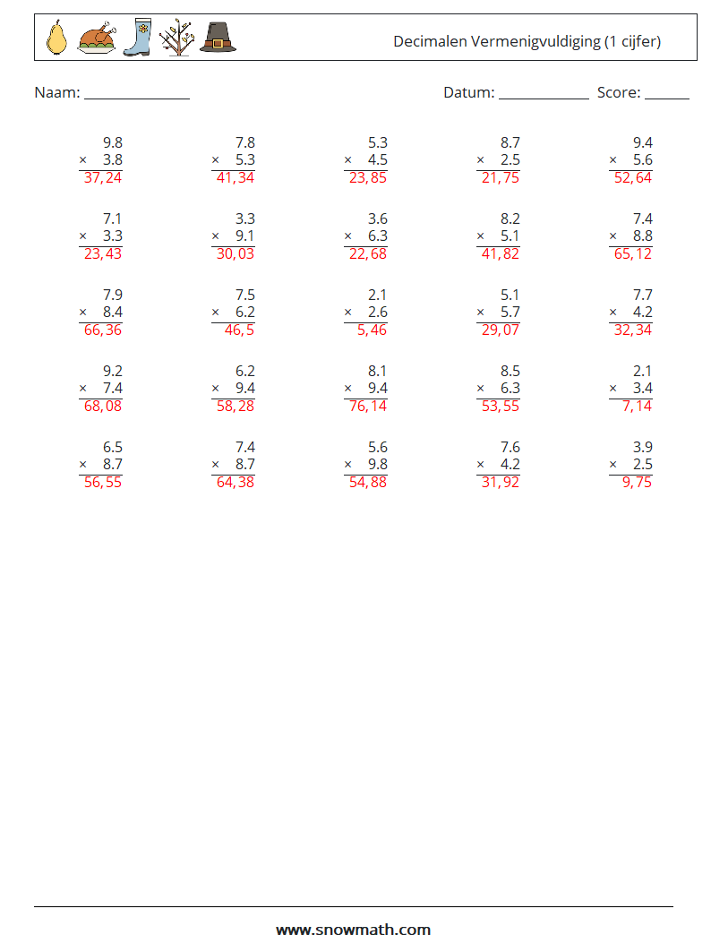 (25) Decimalen Vermenigvuldiging (1 cijfer) Wiskundige werkbladen 16 Vraag, Antwoord