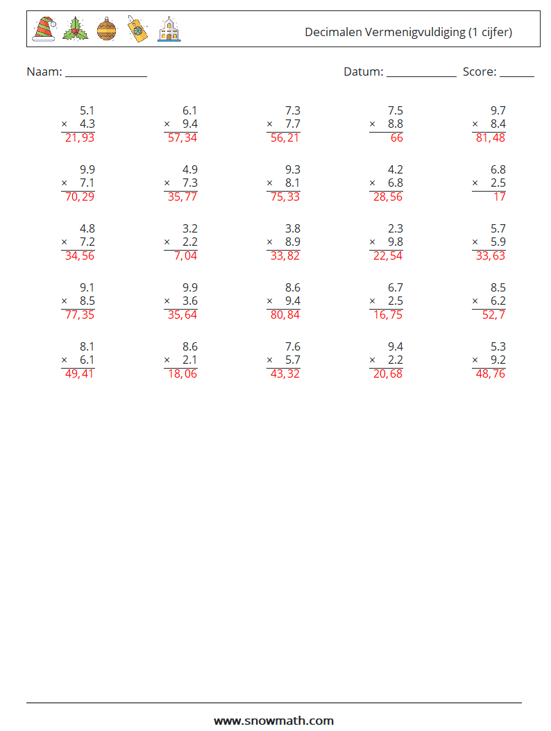 (25) Decimalen Vermenigvuldiging (1 cijfer) Wiskundige werkbladen 18 Vraag, Antwoord