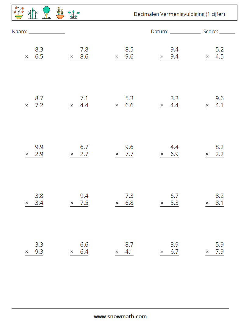 (25) Decimalen Vermenigvuldiging (1 cijfer) Wiskundige werkbladen 2