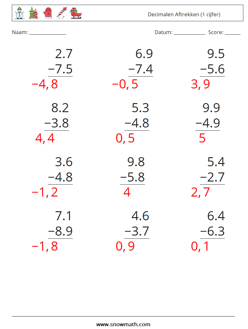 (12) Decimalen Aftrekken (1 cijfer) Wiskundige werkbladen 18 Vraag, Antwoord