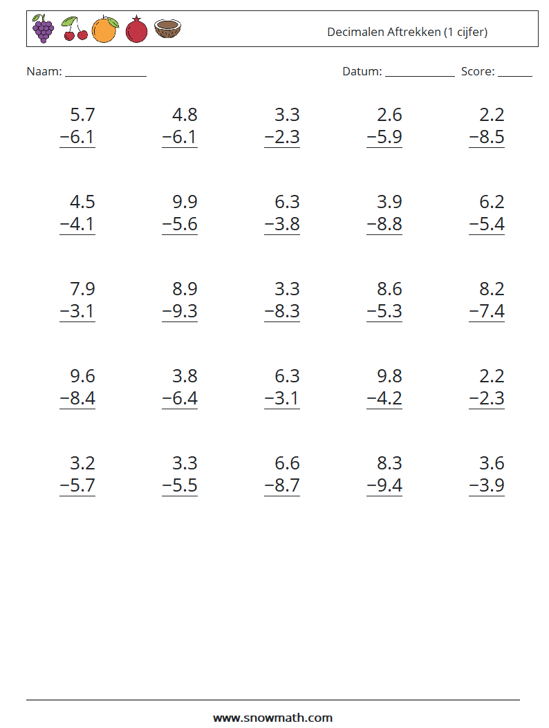 (25) Decimalen Aftrekken (1 cijfer) Wiskundige werkbladen 11