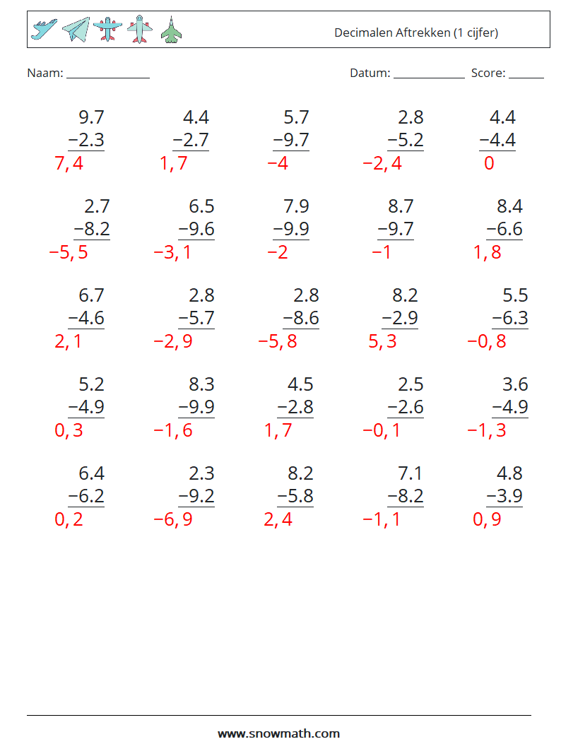(25) Decimalen Aftrekken (1 cijfer) Wiskundige werkbladen 1 Vraag, Antwoord