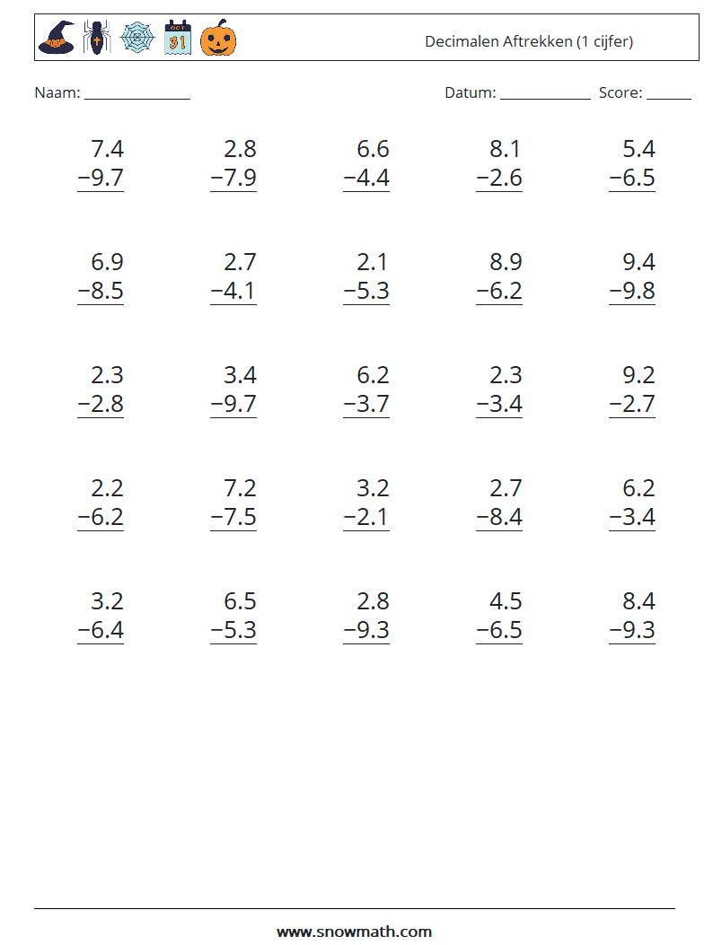 (25) Decimalen Aftrekken (1 cijfer) Wiskundige werkbladen 4
