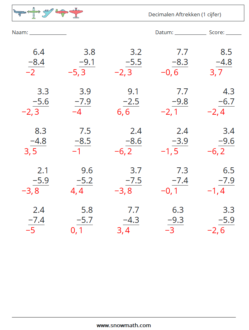 (25) Decimalen Aftrekken (1 cijfer) Wiskundige werkbladen 6 Vraag, Antwoord