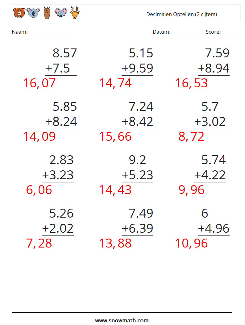(12) Decimalen Optellen (2 cijfers) Wiskundige werkbladen 12 Vraag, Antwoord