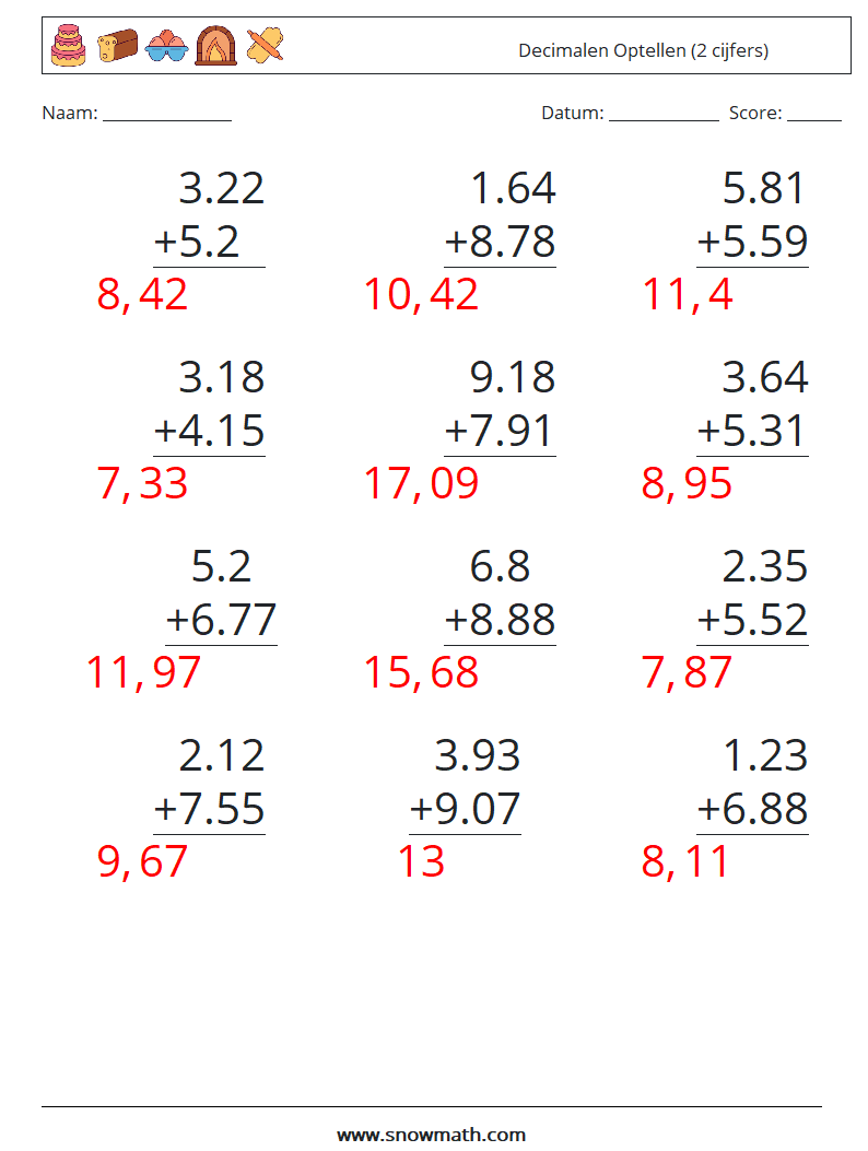 (12) Decimalen Optellen (2 cijfers) Wiskundige werkbladen 15 Vraag, Antwoord