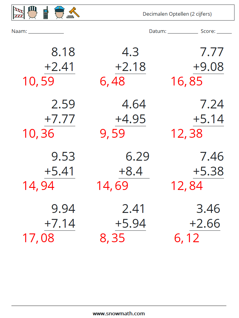 (12) Decimalen Optellen (2 cijfers) Wiskundige werkbladen 17 Vraag, Antwoord