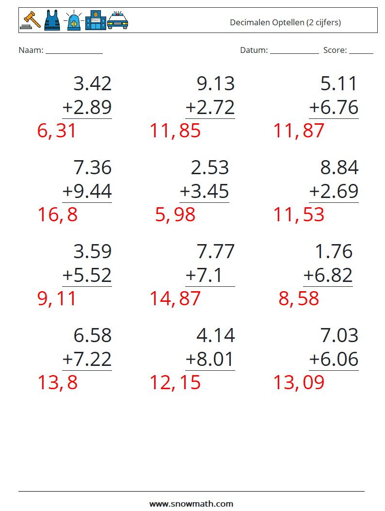 (12) Decimalen Optellen (2 cijfers) Wiskundige werkbladen 4 Vraag, Antwoord