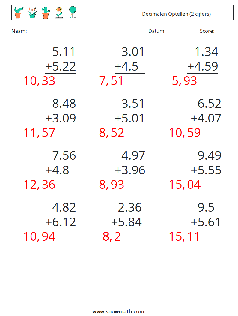 (12) Decimalen Optellen (2 cijfers) Wiskundige werkbladen 6 Vraag, Antwoord