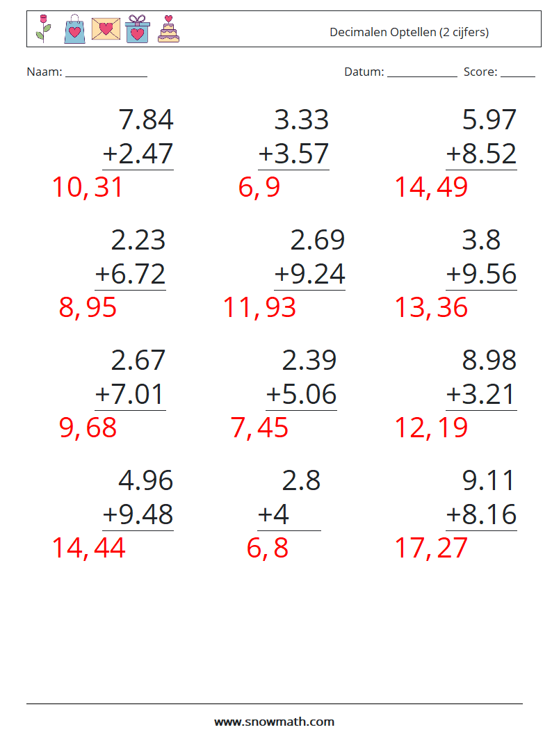 (12) Decimalen Optellen (2 cijfers) Wiskundige werkbladen 7 Vraag, Antwoord