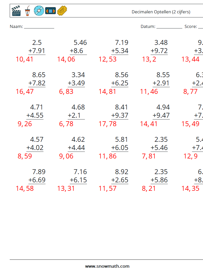 (25) Decimalen Optellen (2 cijfers) Wiskundige werkbladen 13 Vraag, Antwoord