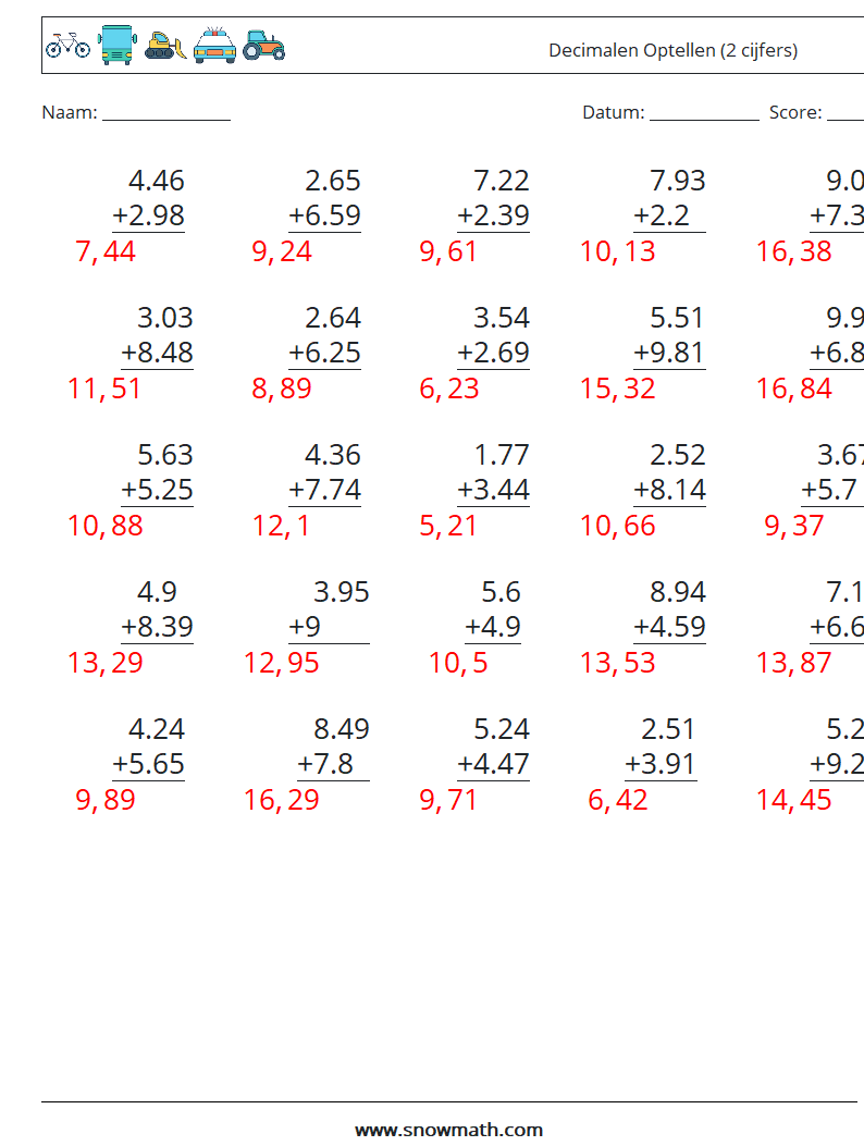 (25) Decimalen Optellen (2 cijfers) Wiskundige werkbladen 16 Vraag, Antwoord