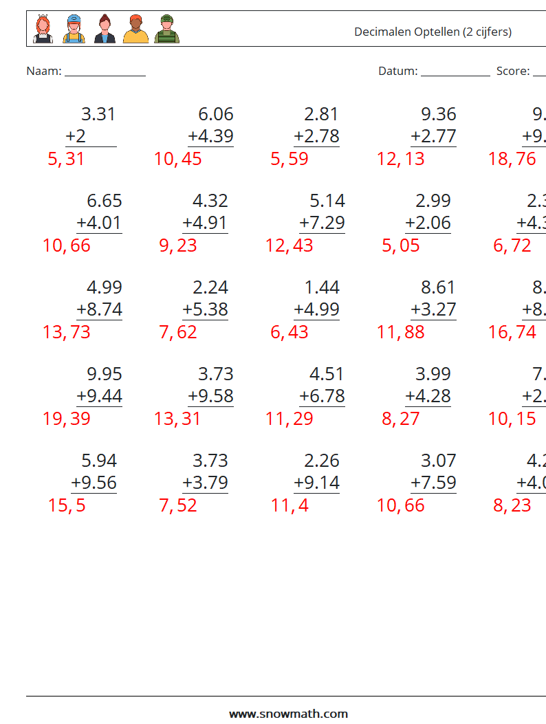 (25) Decimalen Optellen (2 cijfers) Wiskundige werkbladen 18 Vraag, Antwoord