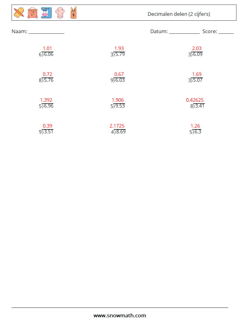 (12) Decimalen delen (2 cijfers) Wiskundige werkbladen 11 Vraag, Antwoord