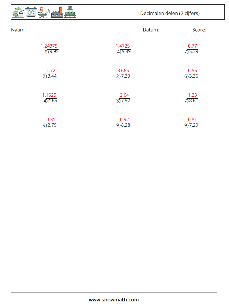(12) Decimalen delen (2 cijfers) Wiskundige werkbladen 15 Vraag, Antwoord