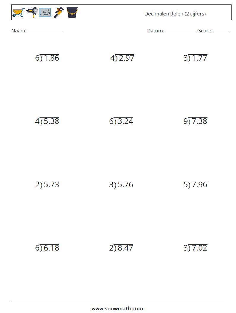 (12) Decimalen delen (2 cijfers) Wiskundige werkbladen 6