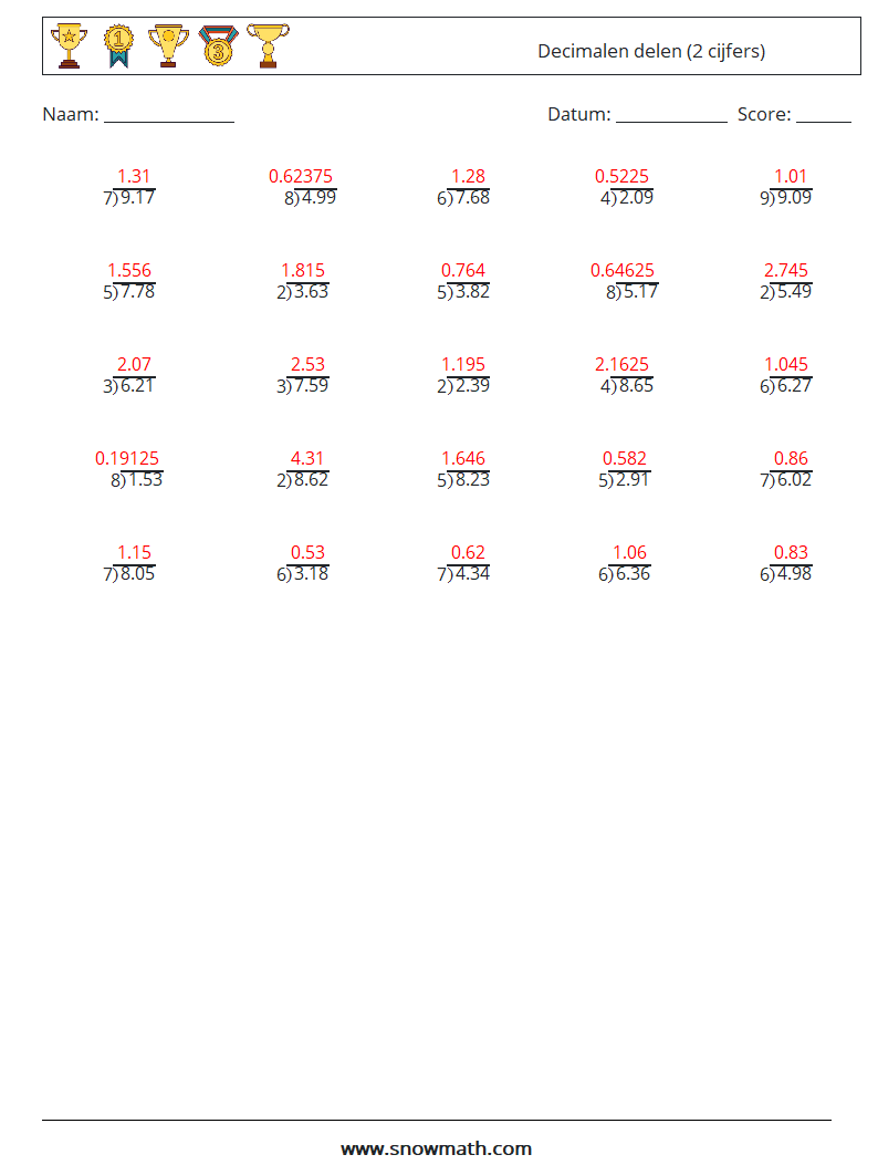 (25) Decimalen delen (2 cijfers) Wiskundige werkbladen 15 Vraag, Antwoord